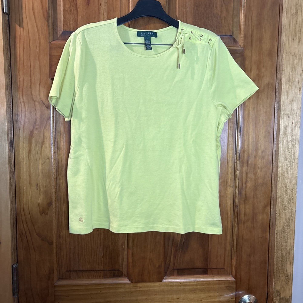 Lauren Ralph Lauren Yellow Lace Up Shoulder Short Sleeve Cotton Top XL